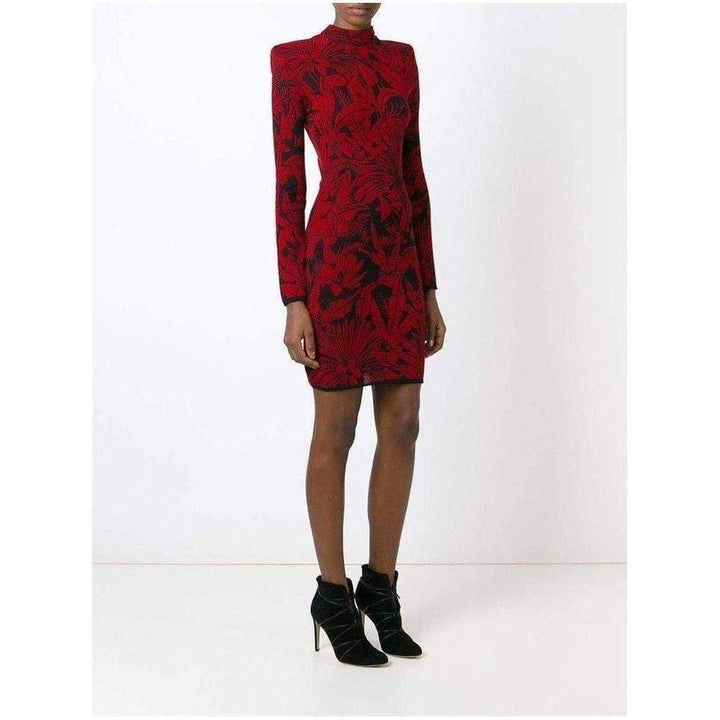 Red Black Flower Intarsia Wool Dress 3764378M