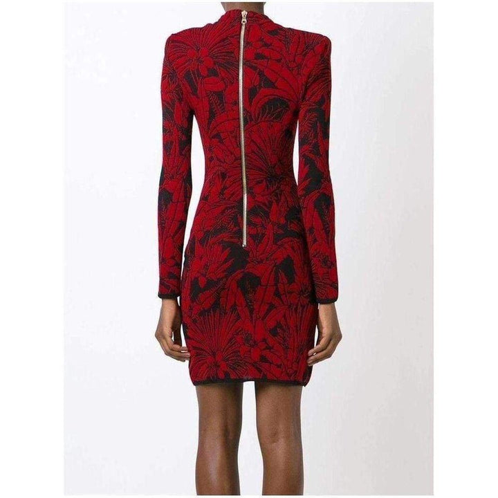 Red Black Flower Intarsia Wool Dress 3764378M