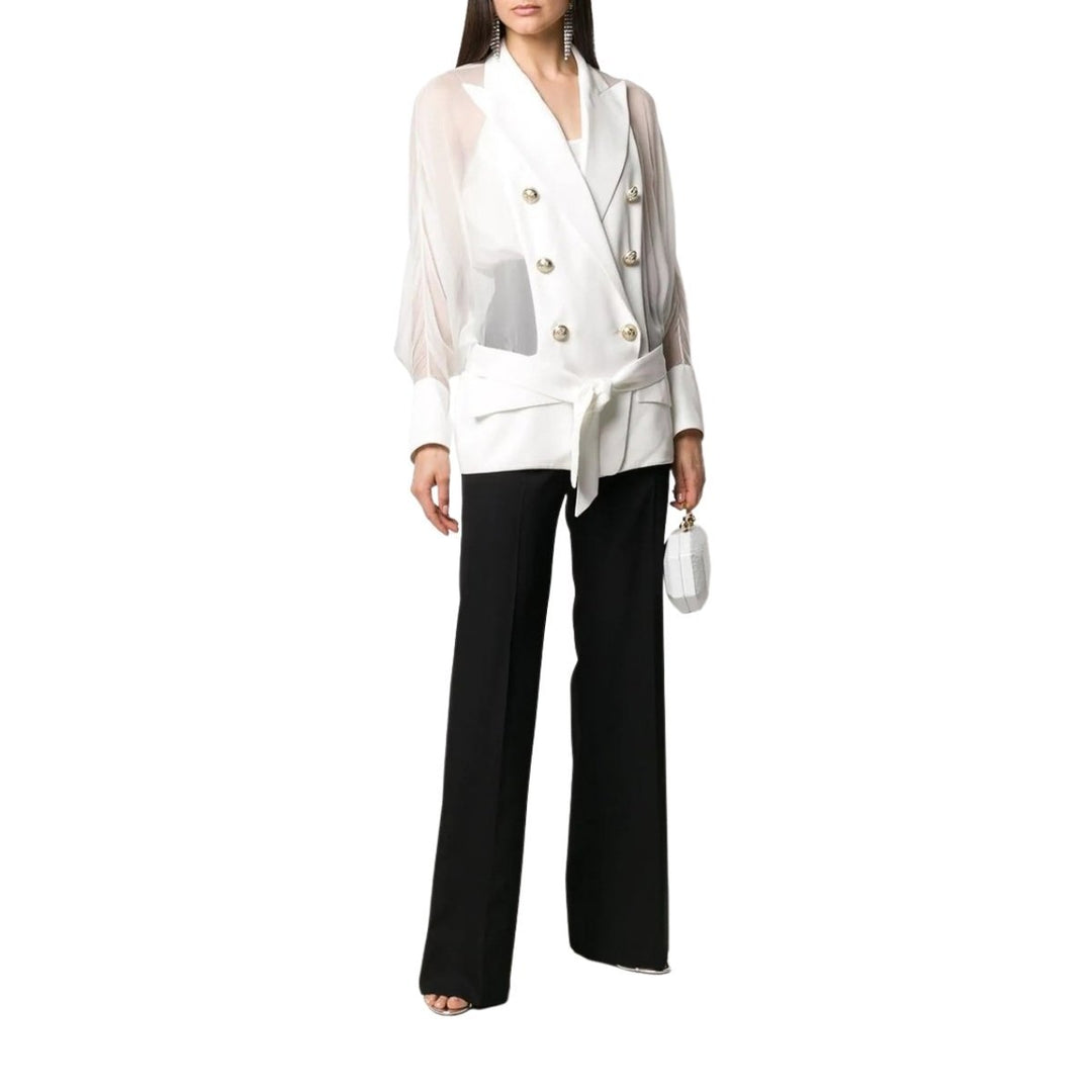 Sheer Panel Double-Breasted Silk Blazer
