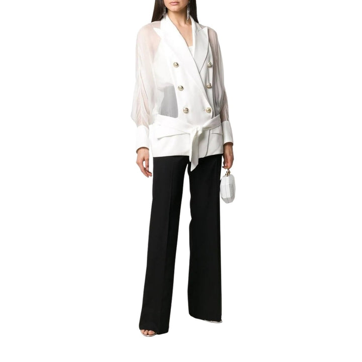 Sheer Panel Double-Breasted Silk Blazer