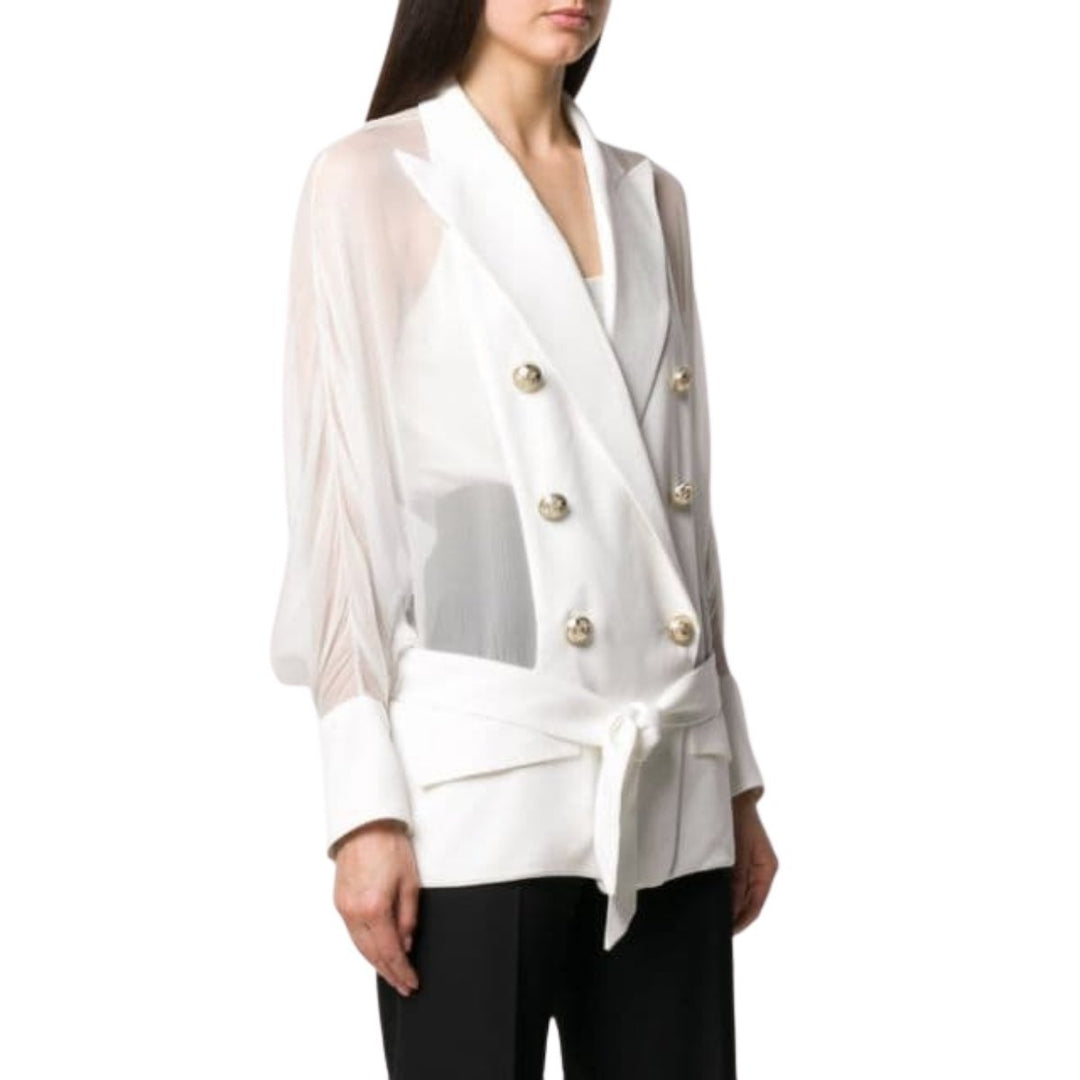 Sheer Panel Double-Breasted Silk Blazer
