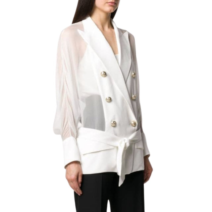 Sheer Panel Double-Breasted Silk Blazer