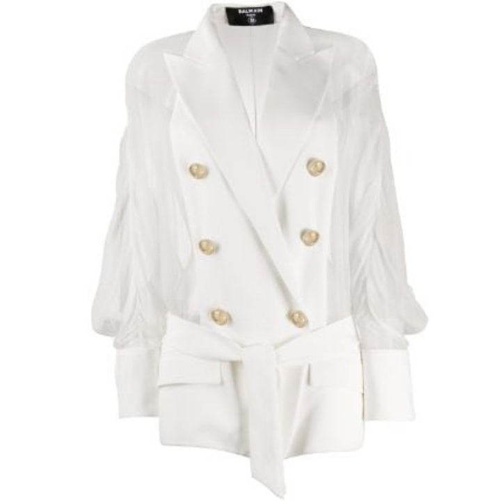Balmain-Sheer Panel Double-Breasted Silk Blazer - Runway Catalog