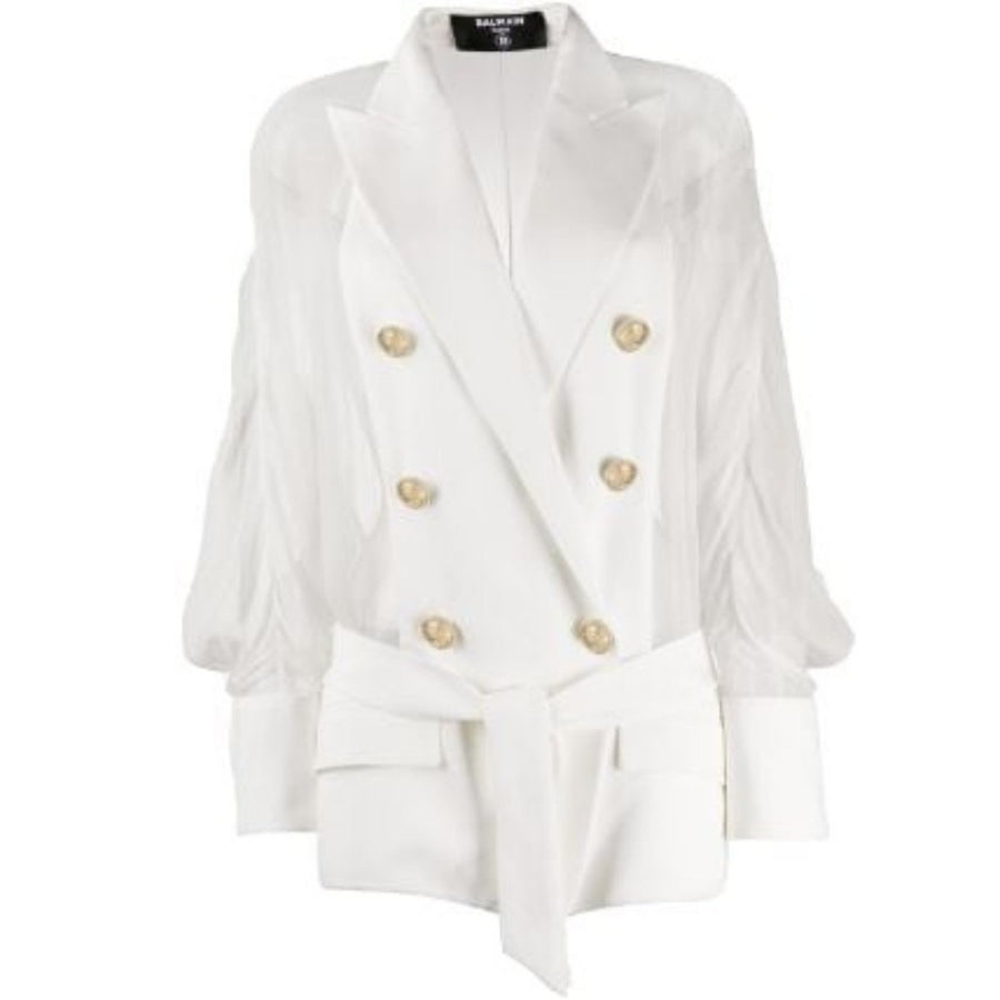 Balmain-Sheer Panel Double-Breasted Silk Blazer - Runway Catalog