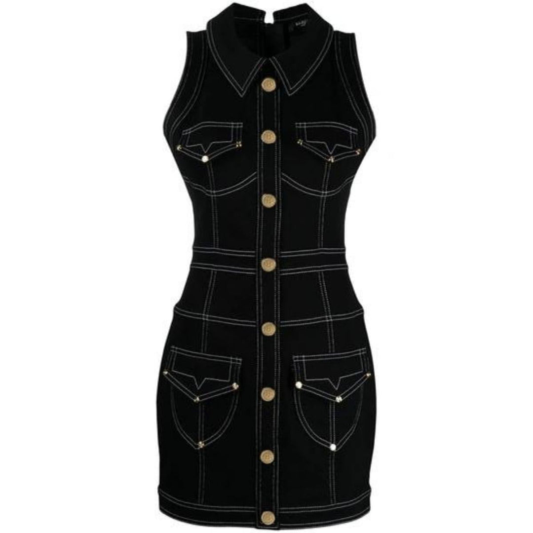 Balmain-Short Topstitched Button-Front Dress - Runway Catalog