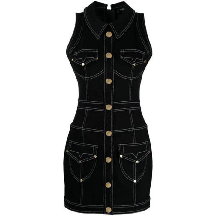 Balmain-Short Topstitched Button-Front Dress - Runway Catalog