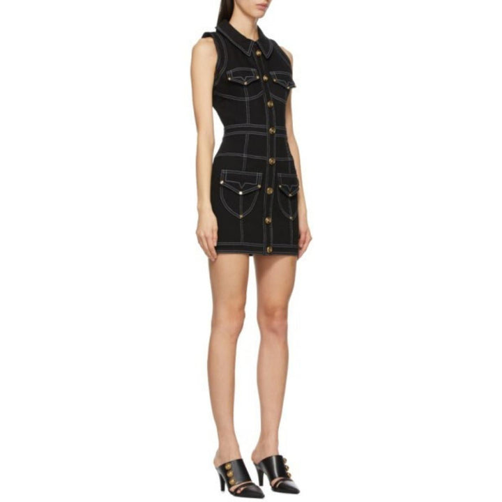 Short Topstitched Button Front Dress