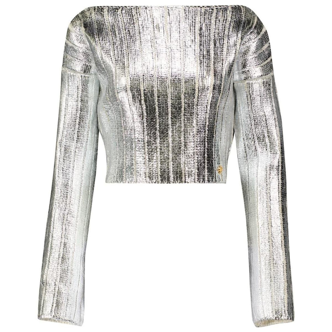 Balmain-Silver Cropped Wool-blend Sweater - Runway Catalog