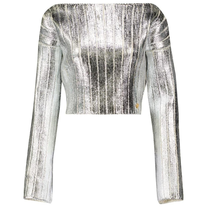 Balmain-Silver Cropped Wool-blend Sweater - Runway Catalog