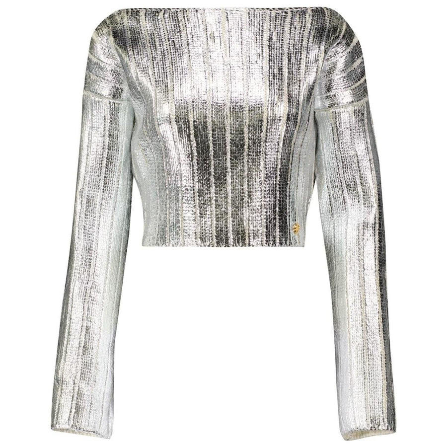 Balmain-Silver Cropped Wool-blend Sweater - Runway Catalog