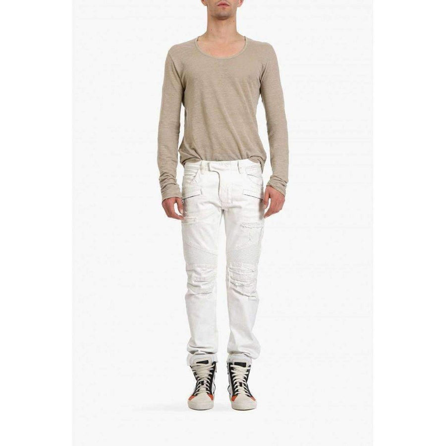 Balmain-White Biker Destroyed Denim Jeans - Runway Catalog