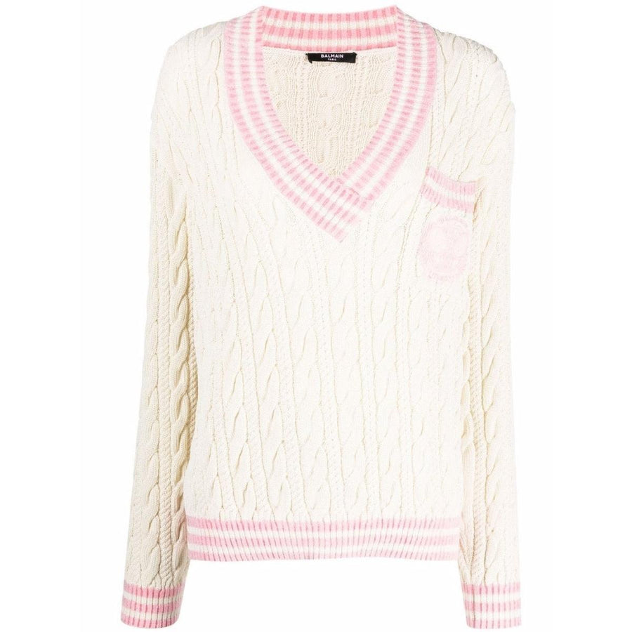 Balmain-Wool-Blend Cable Knit Sweater With Patch - Runway Catalog