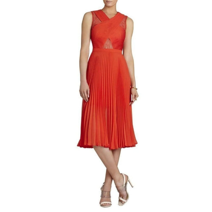 Abbie Sleeveless Pleated Contrast-Lace Dress