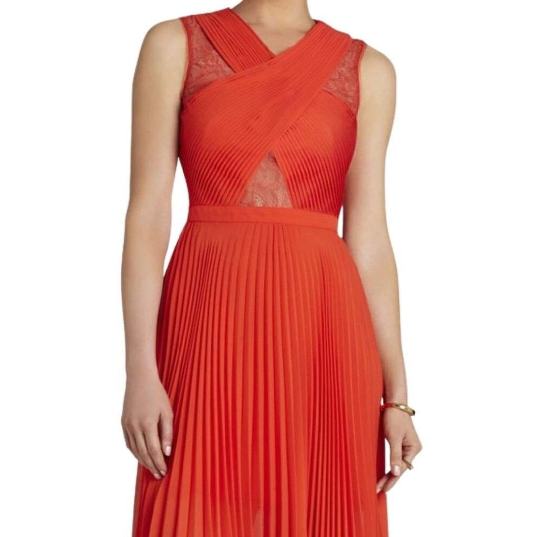 Abbie Sleeveless Pleated Contrast-Lace Dress