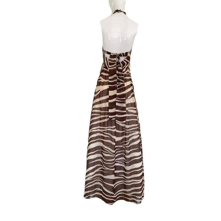 Animal Zebra Print Silk Empire Halter Maxi Dress