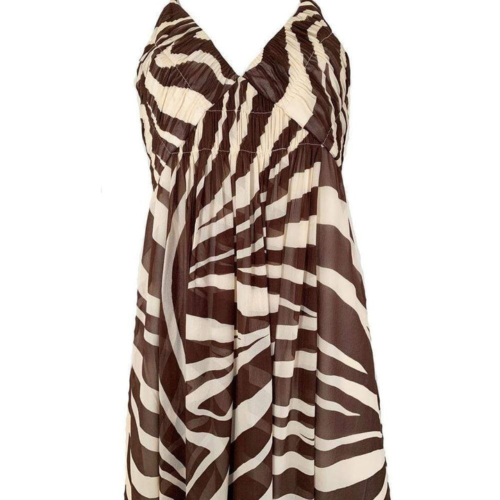 Animal Zebra Print Silk Empire Halter Maxi Dress