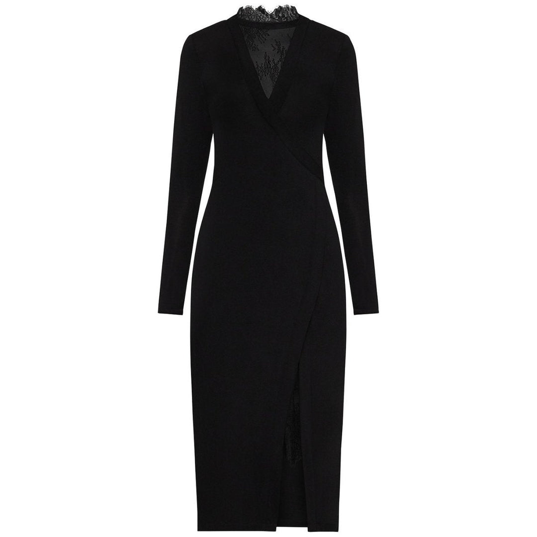 Black Lace-Trim Midi Dress