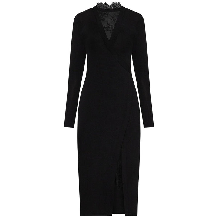 Black Lace-Trim Midi Dress