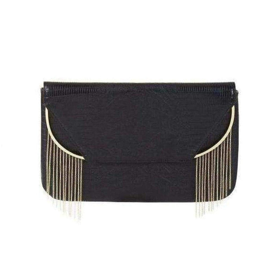 BCBGMAXAZRIA-Black Snake Embossed Chain Fringe Clutch - Runway Catalog