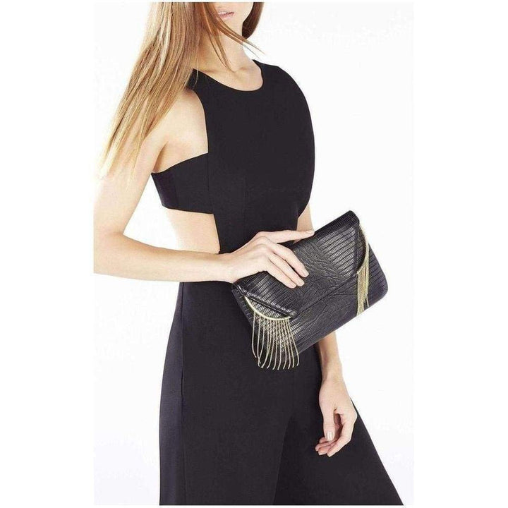 Black Snake Embossed Chain Fringe Clutch