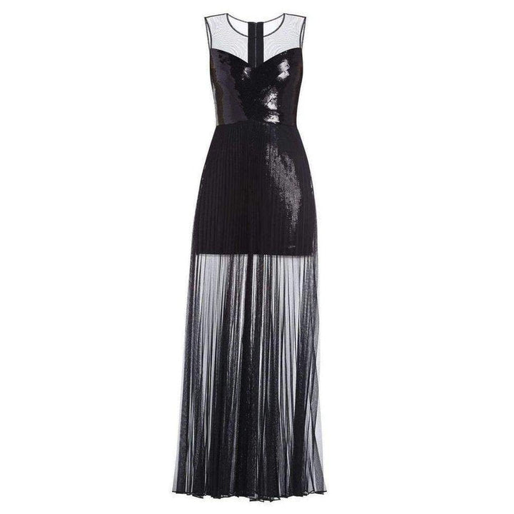 BCBGMAXAZRIA-Cynthia Black Sequinned Detail Sunburst Pleated Gown - Runway Catalog