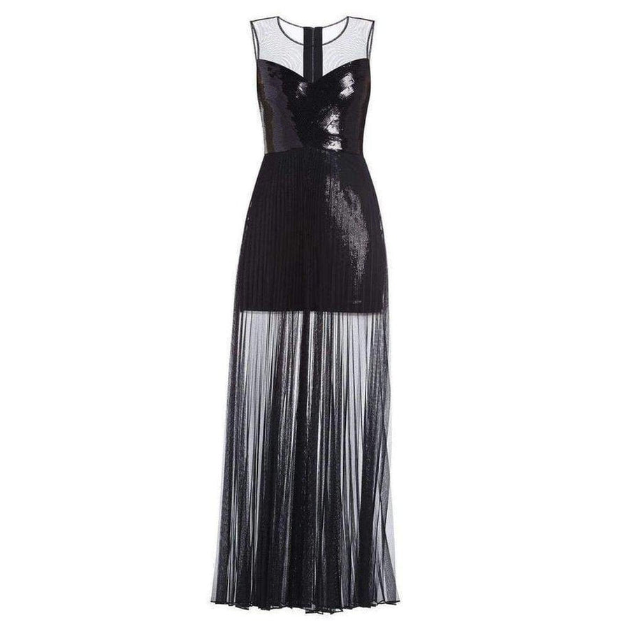 BCBGMAXAZRIA-Cynthia Black Sequinned Detail Sunburst Pleated Gown - Runway Catalog