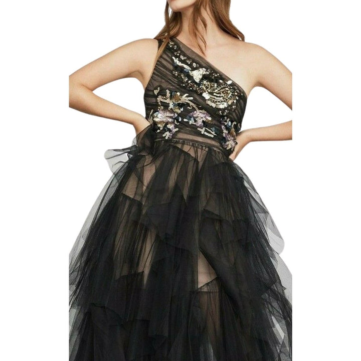 Embroidered One-Shoulder Tulle Gown
