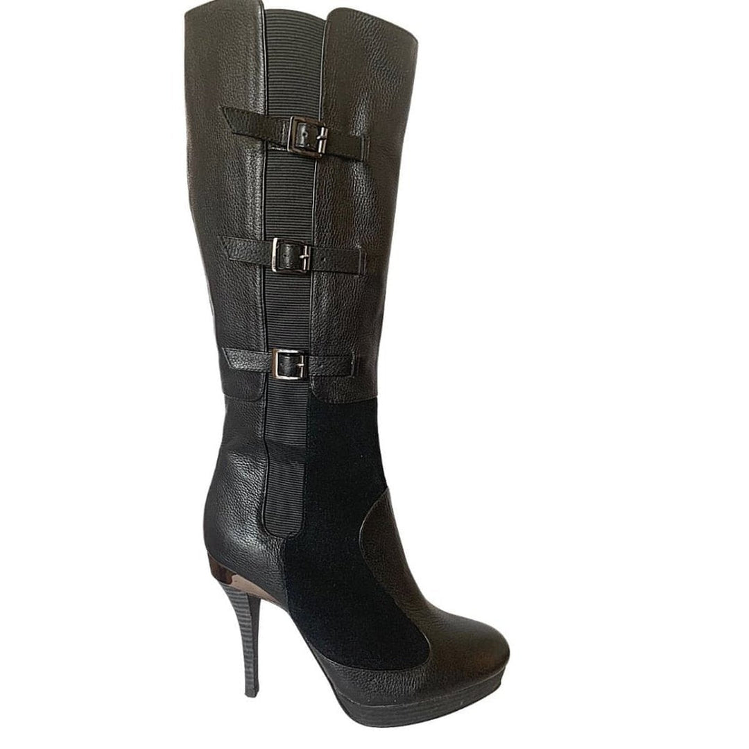 BCBGMAXAZRIA-Emily Black Leather Buckles Boots - Runway Catalog