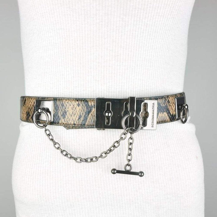 Faux Snake Leather Metallic Chain Toggle Belt