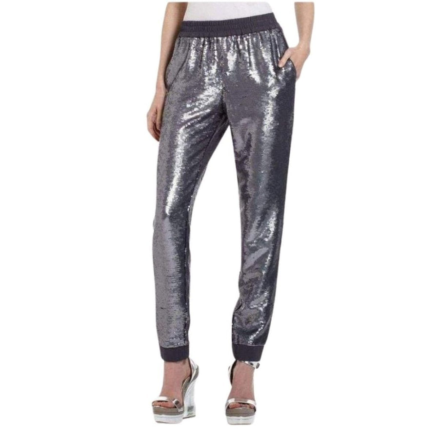 BCBGMAXAZRIA-Grey Silk Zhara Sequinned Pants - Runway Catalog