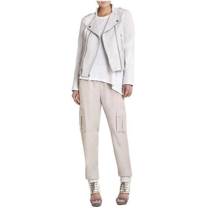 BCBGMAXAZRIA-Jennifer White Leather Asymmetrical Zipper Moto Jacket - Runway Catalog