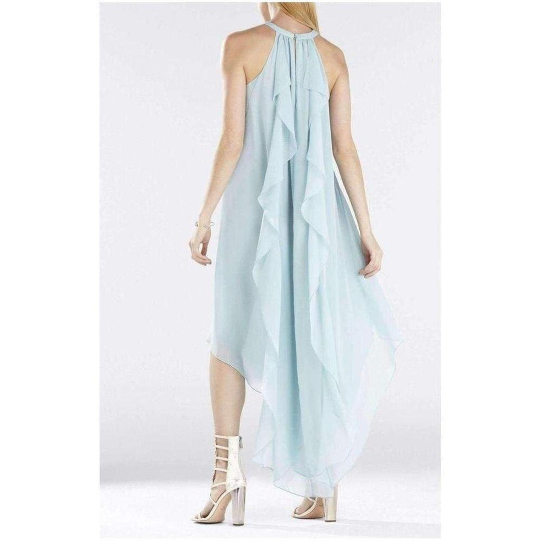 Kelsia Aqua Mist Cascade Ruffle Halter Dress