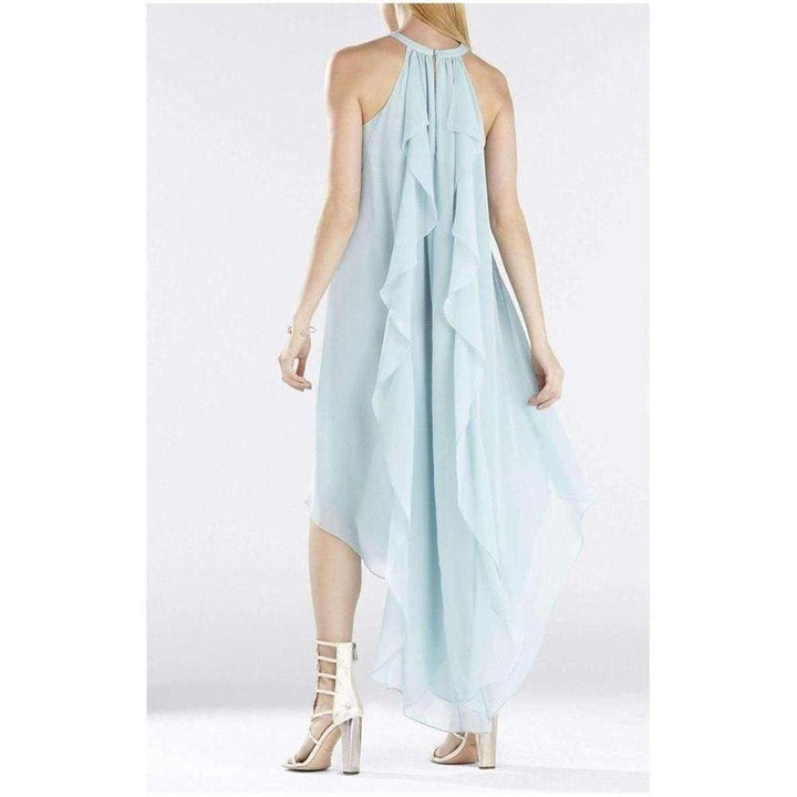 Kelsia Aqua Mist Cascade Ruffle Halter Dress