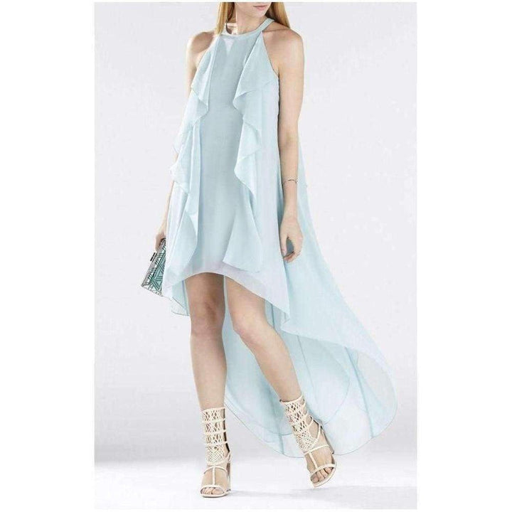 Kelsia Aqua Mist Cascade Ruffle Halter Dress