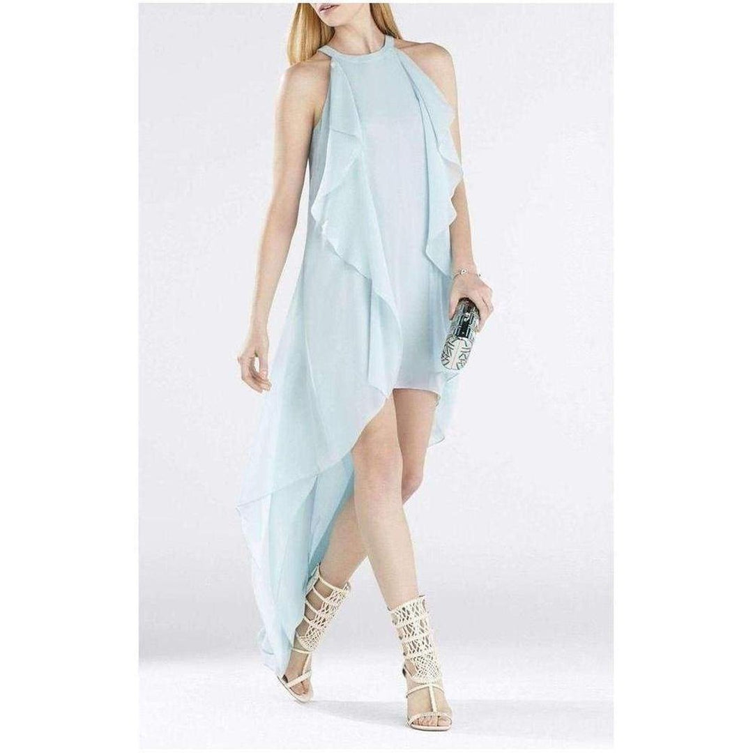 BCBGMAXAZRIA-Kelsia Aqua Mist Cascade Ruffle Halter Dress IQI66D43 - Runway Catalog