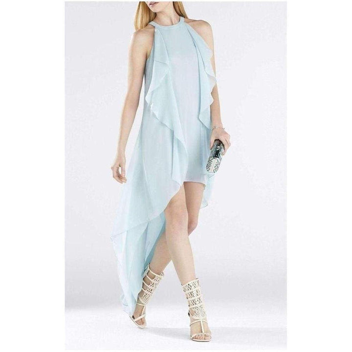 BCBGMAXAZRIA-Kelsia Aqua Mist Cascade Ruffle Halter Dress IQI66D43 - Runway Catalog