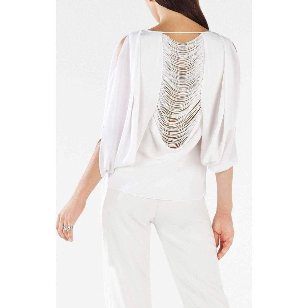 BCBGMAXAZRIA-Kyleigh Fringe-Back Slit-Sleeve Top - Runway Catalog