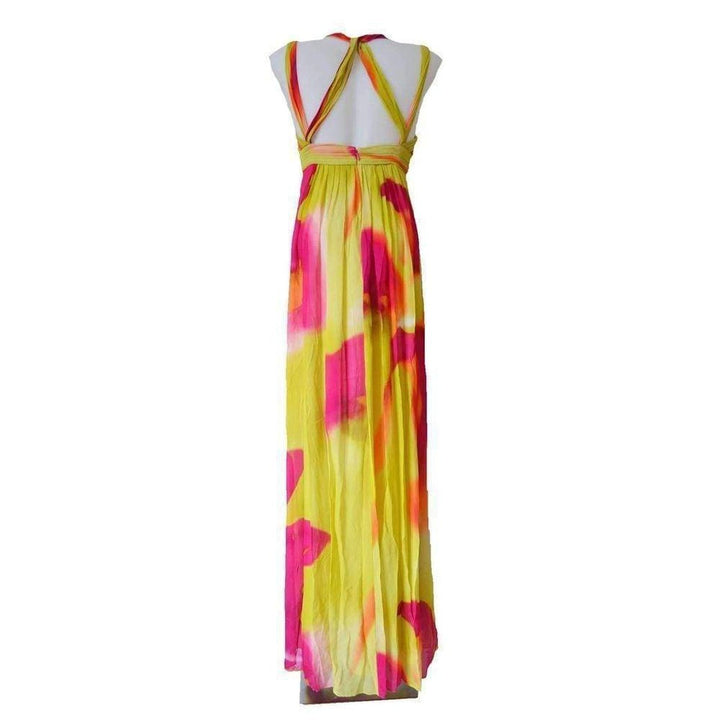 Lime Chiffon V-Neck Pleated Long Dress