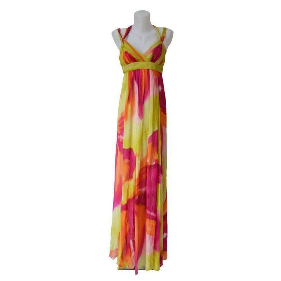 BCBGMAXAZRIA-Lime Chiffon V-Neck Pleated Long Dress - Runway Catalog