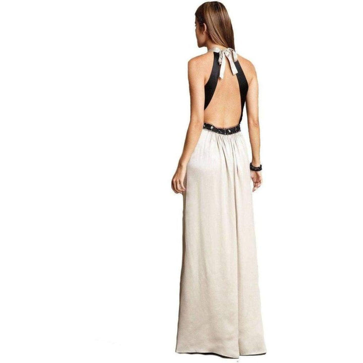 Long Beaded Charmeuse Halter Gown