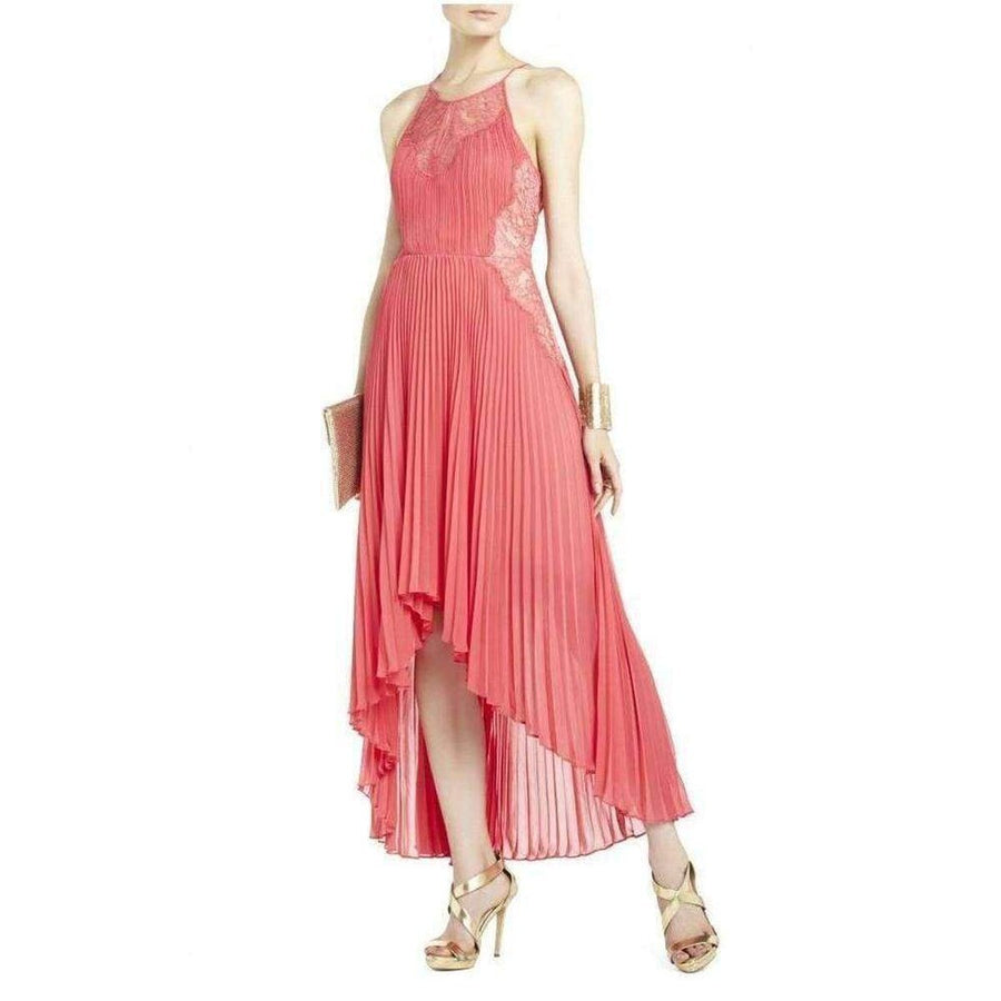BCBGMAXAZRIA-Maryella Deep Coral Pleat and Lace Dres - Runway Catalog
