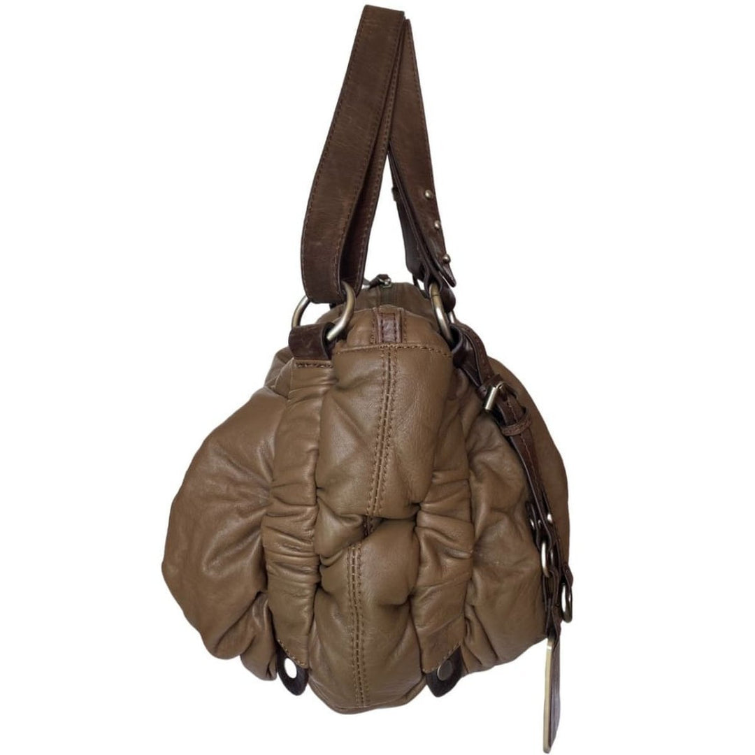 Mocha Brown Leather Puffer Shoulder Bag