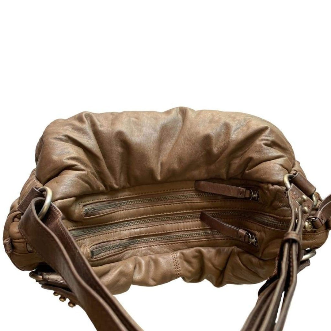 Mocha Brown Leather Puffer Shoulder Bag