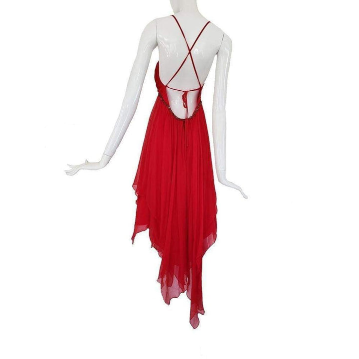 New Red Silk Asymmetrical Embellished Dress