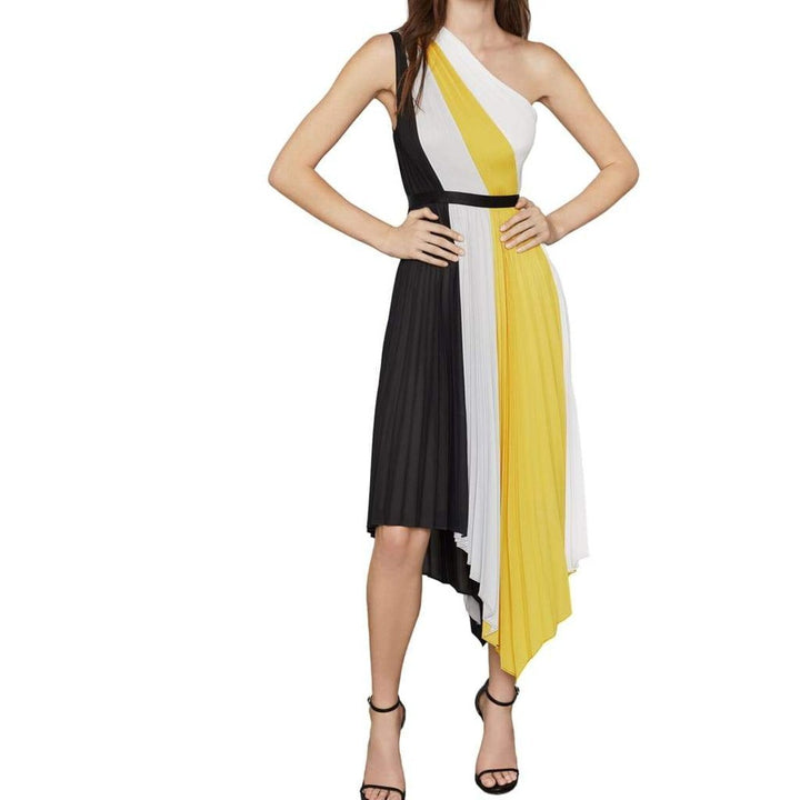 Plisse Colorblock One Shoulder Dress