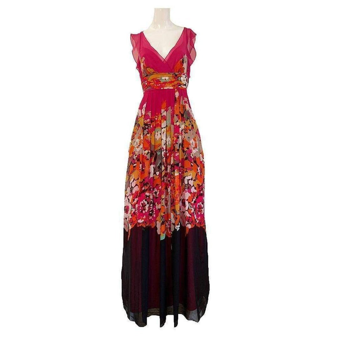 BCBGMAXAZRIA-Printed Silk V-Neck Maxi Dress - Runway Catalog