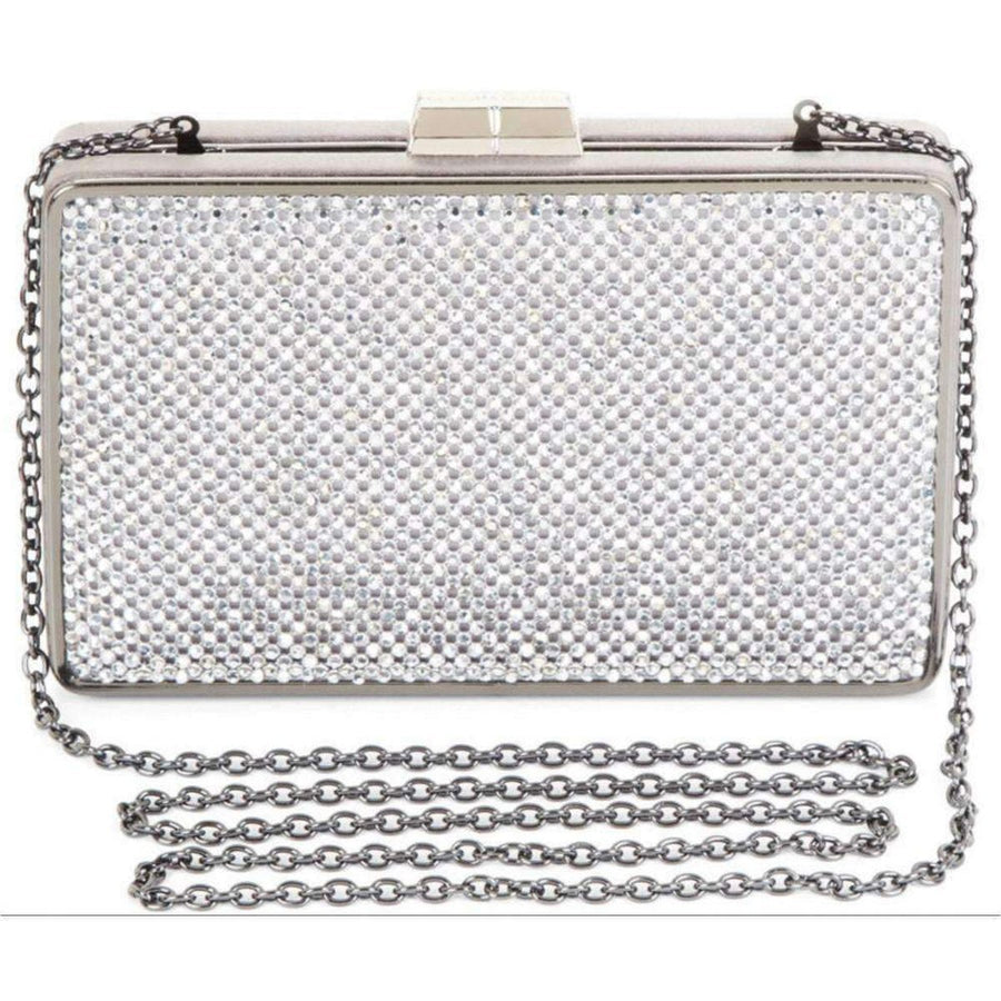 BCBGMAXAZRIA-Sonia Silver Crystal Mesh Satin Frame Clutch - Runway Catalog
