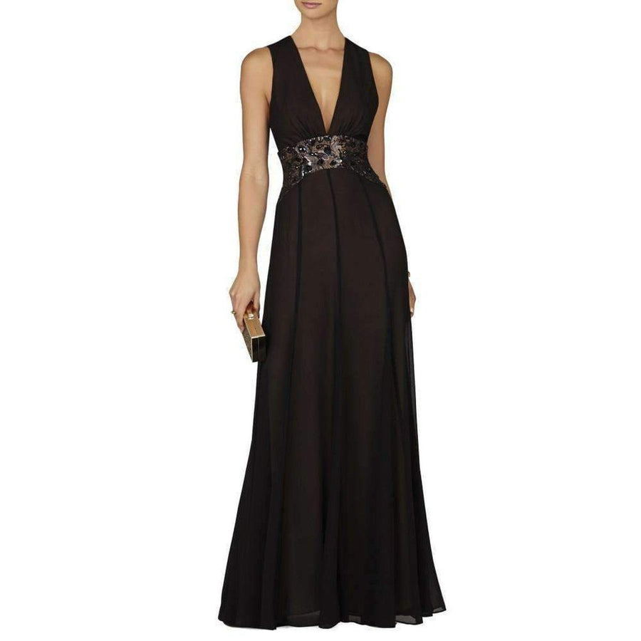 BCBGMAXAZRIA-Stacy Plunging V Neck Embellished Waist Gown - Runway Catalog
