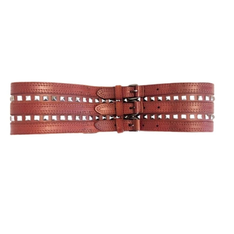 BCBGMAXAZRIA-Studded Cognac Waist Leather Belt - Runway Catalog
