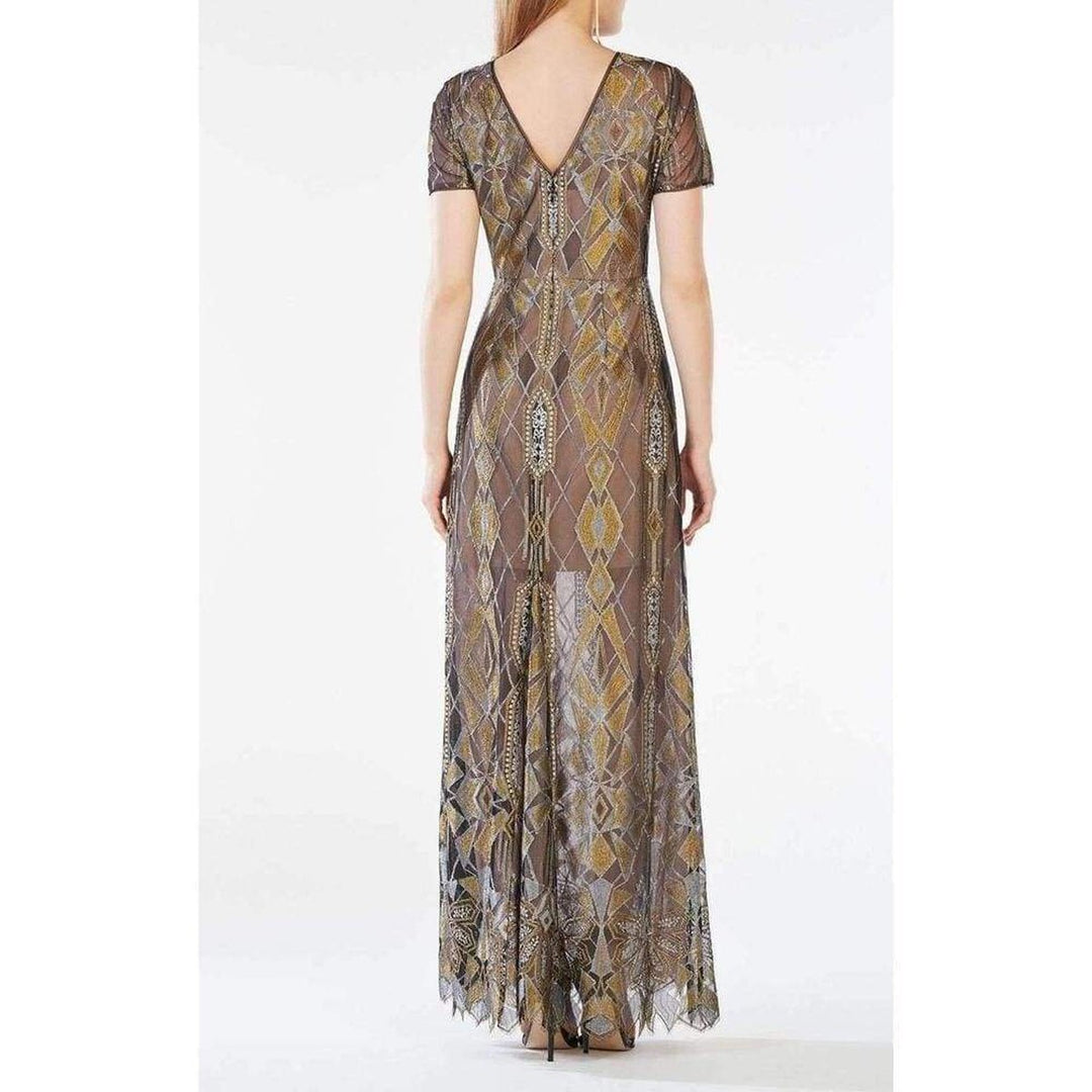 Taliah Metallic Geometric Lace Gown